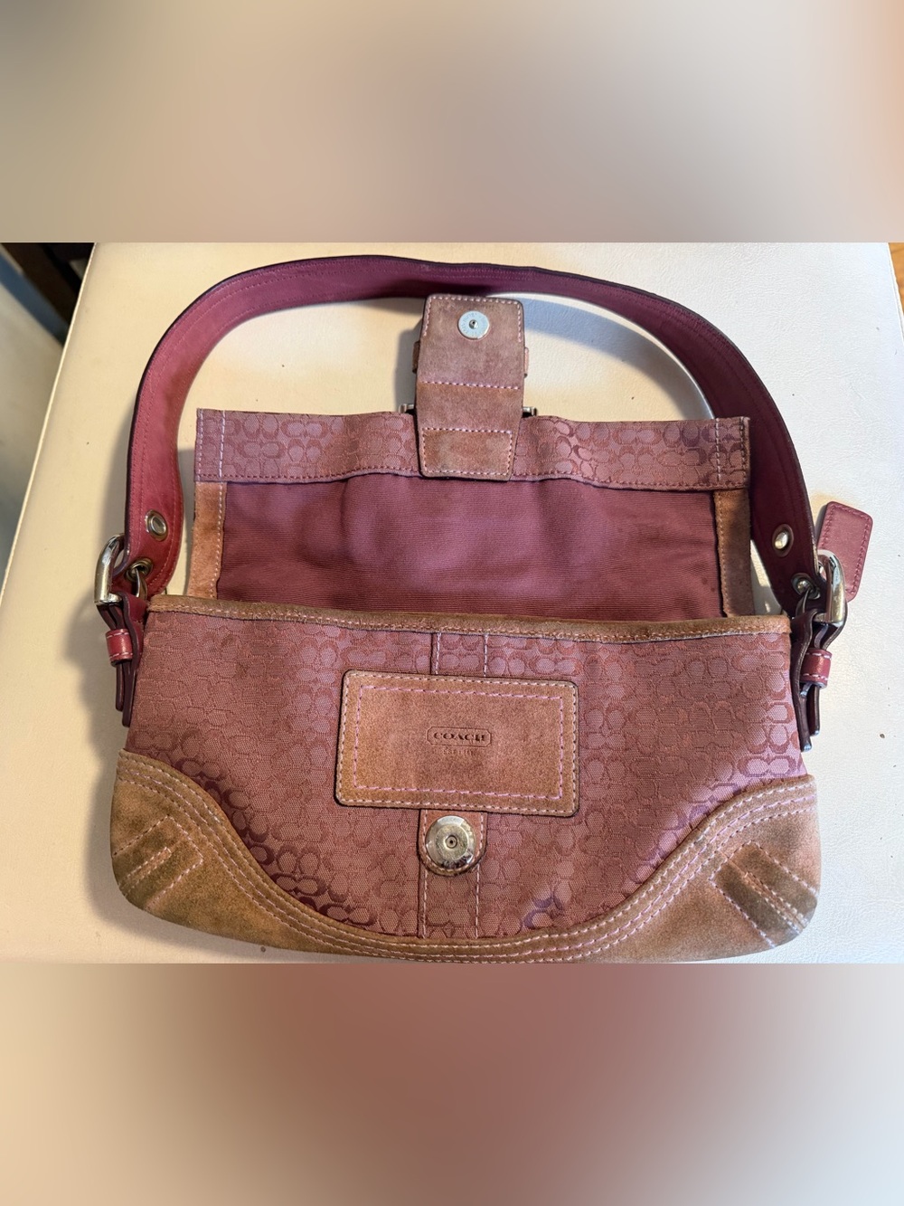 Coach Soho Signature Jacquard Flap Shoulder Bag Burgundy - Picture 2 of 5